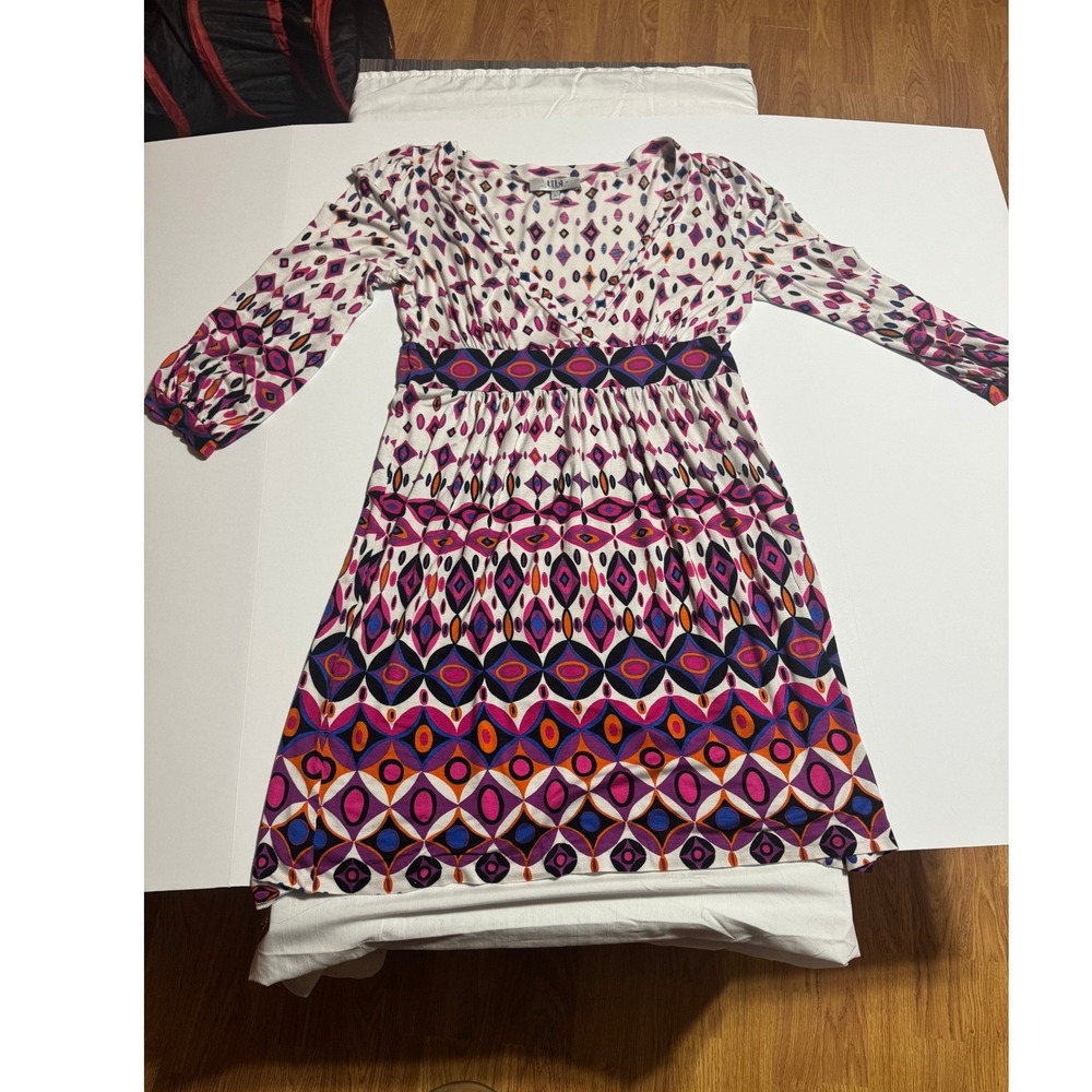 Tibi New York Geometric Print Empire Waist V-Neck Jersey Dress Purple Pink Large